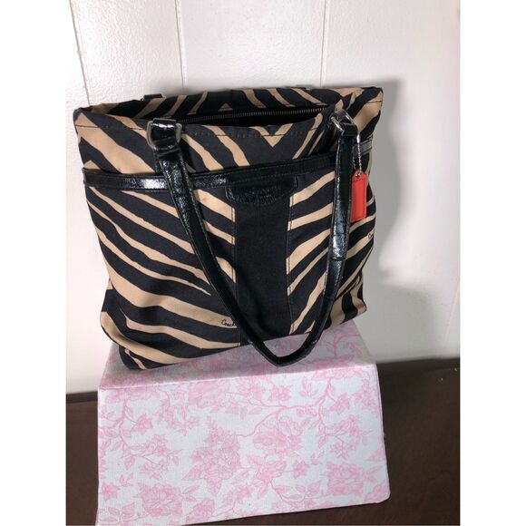Coach Womens Signature Striped Zebra Print Shoulder Tote Bag Black Tan Medium - Picture 2 of 5